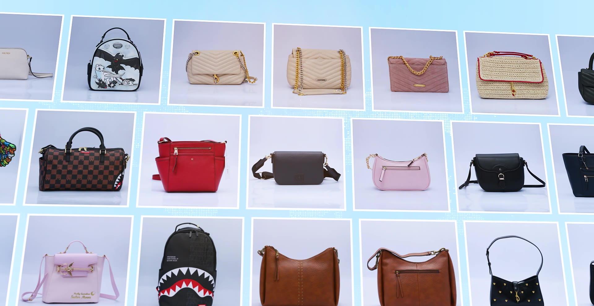 Grid of finished handbags and accessories